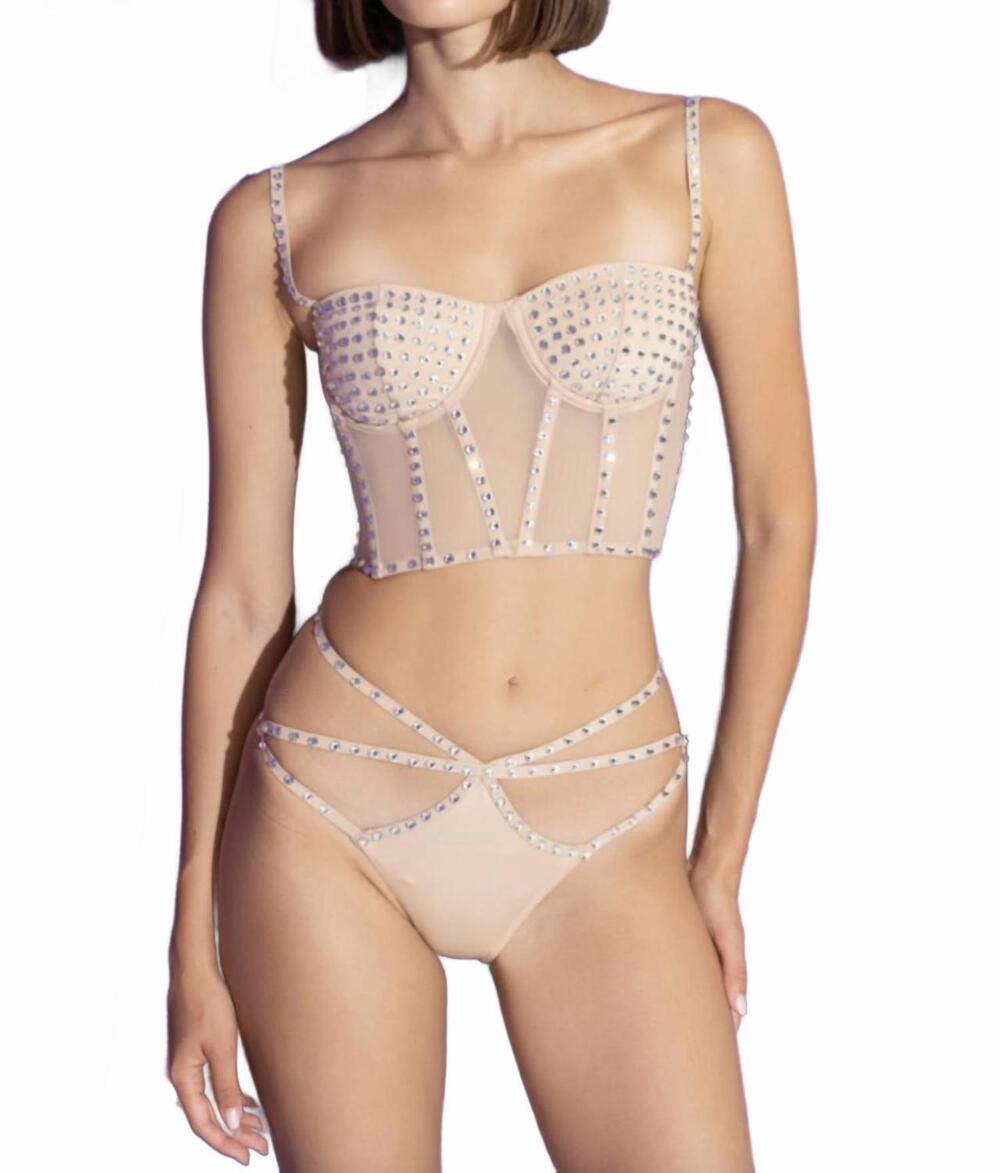 NEW KIKIRIKI women's crystal embellished mesh bustier set in nude